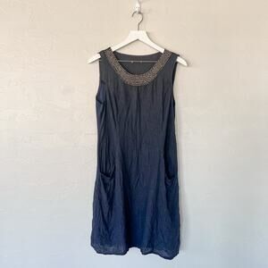 Lina Tomei Blue Beaded Linen Shift Dress Large